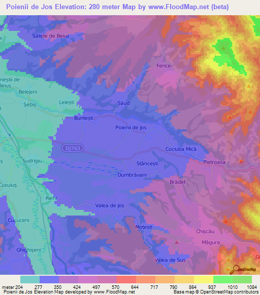 Poienii de Jos,Romania Elevation Map