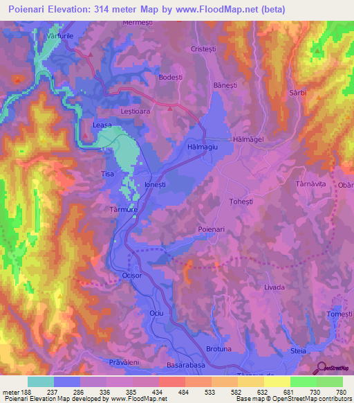 Poienari,Romania Elevation Map