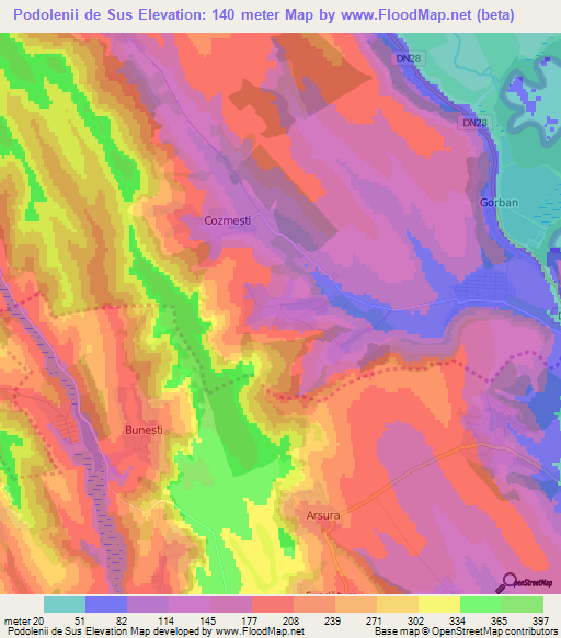 Podolenii de Sus,Romania Elevation Map