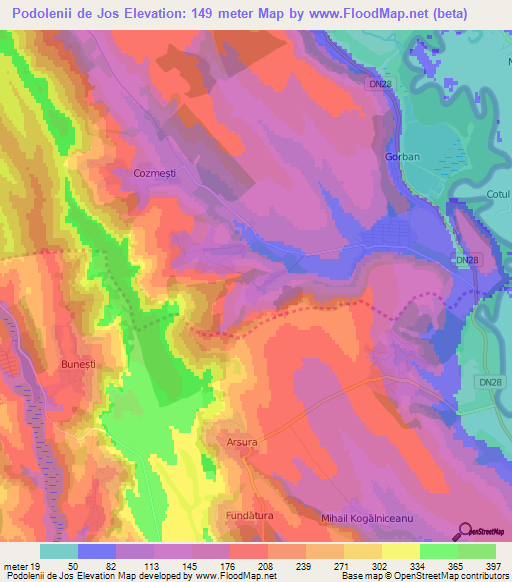 Podolenii de Jos,Romania Elevation Map