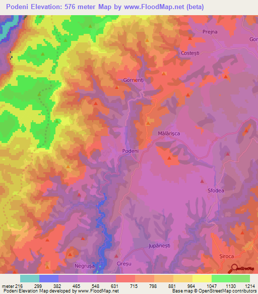 Podeni,Romania Elevation Map