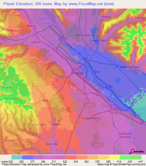 Pitesti,Romania Elevation Map