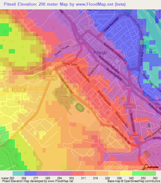 Pitesti,Romania Elevation Map