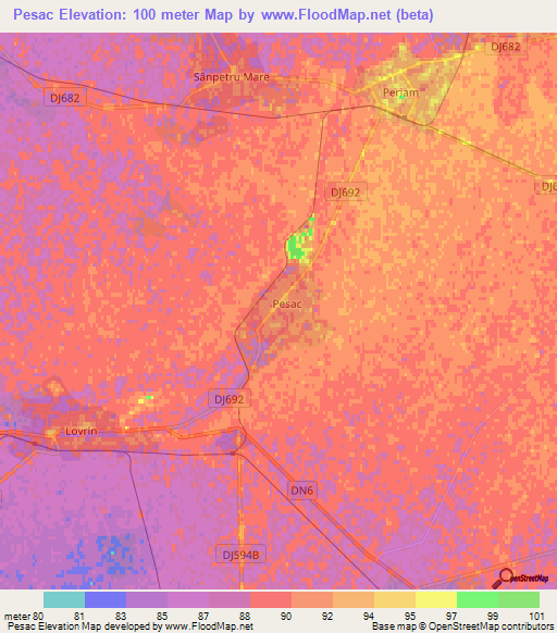 Pesac,Romania Elevation Map