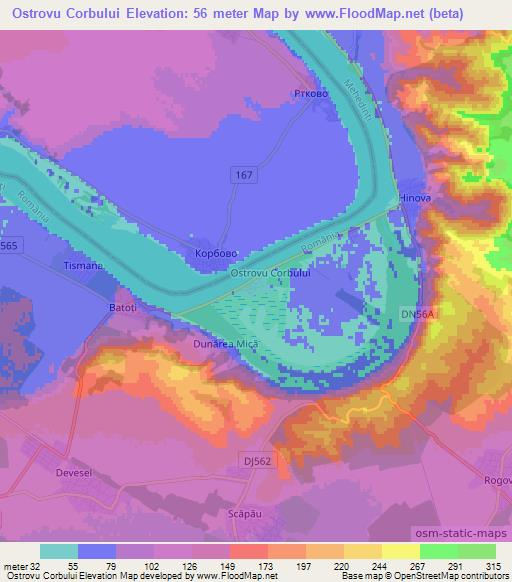 Ostrovu Corbului,Romania Elevation Map