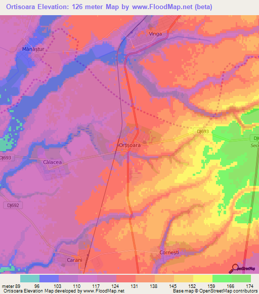 Ortisoara,Romania Elevation Map