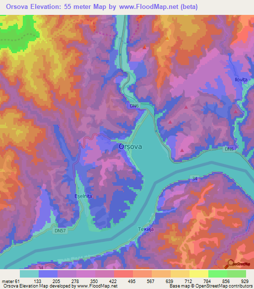 Orsova,Romania Elevation Map