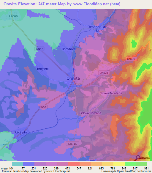 Oravita,Romania Elevation Map