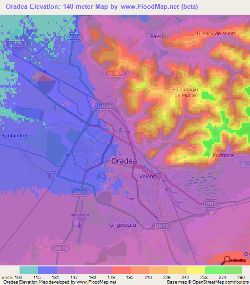 Oradea,Romania Elevation Map