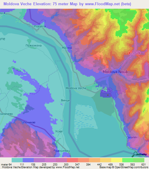 Moldova Veche,Romania Elevation Map