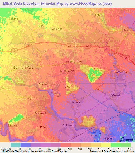 Mihai Voda,Romania Elevation Map