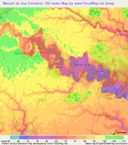 Merenii de Sus,Romania Elevation Map