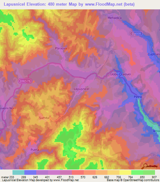 Lapusnicel,Romania Elevation Map