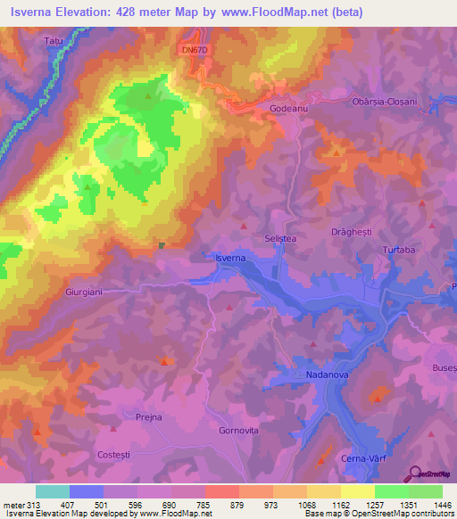 Isverna,Romania Elevation Map