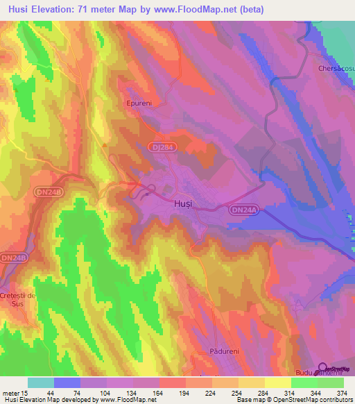 Husi,Romania Elevation Map