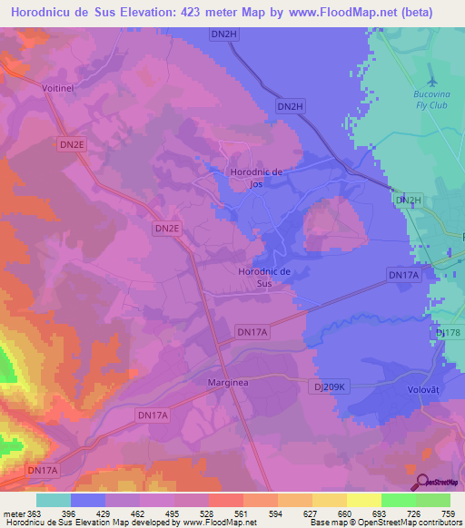 Horodnicu de Sus,Romania Elevation Map