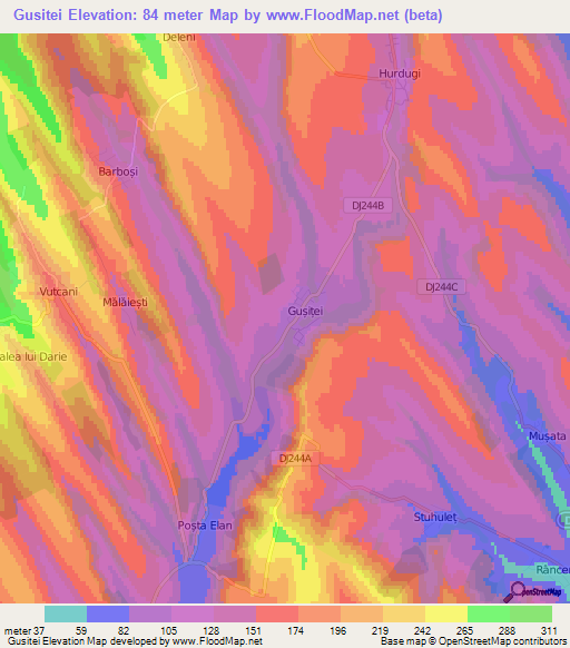 Gusitei,Romania Elevation Map