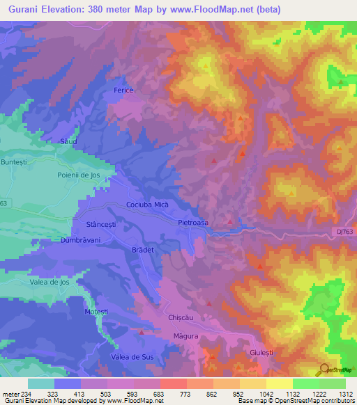 Gurani,Romania Elevation Map