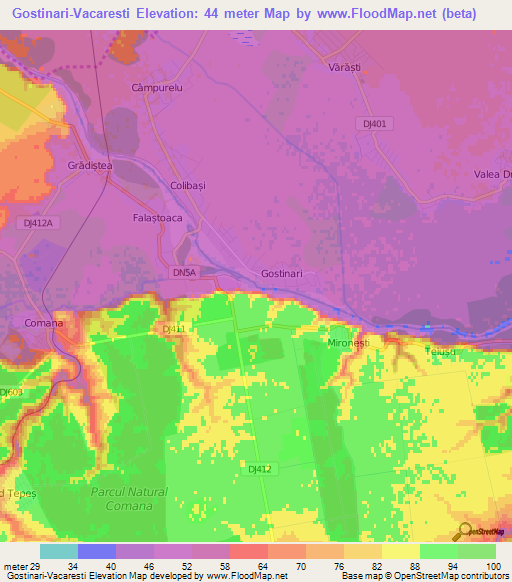 Gostinari-Vacaresti,Romania Elevation Map