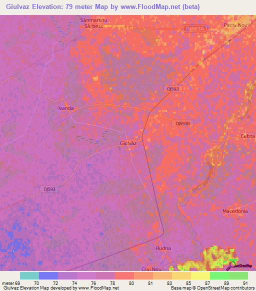 Giulvaz,Romania Elevation Map