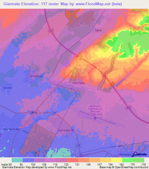 Giarmata,Romania Elevation Map
