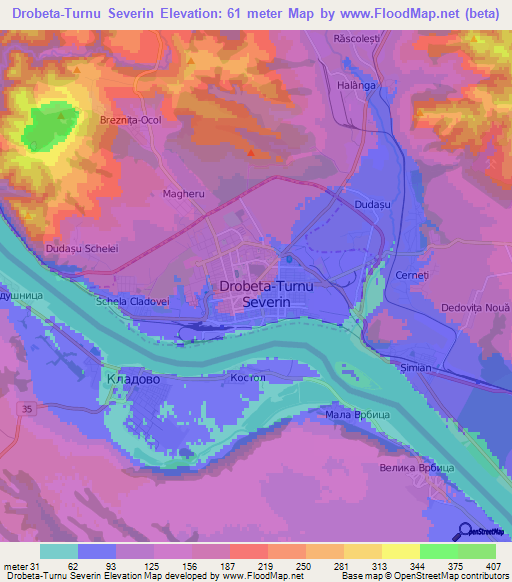 Drobeta-Turnu Severin,Romania Elevation Map