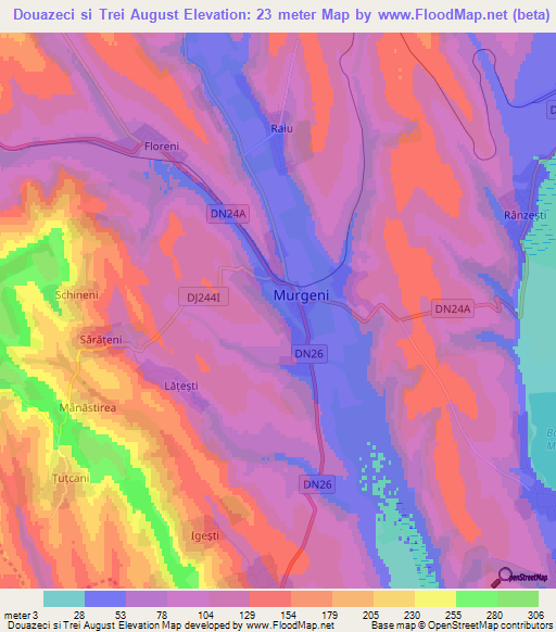 Douazeci si Trei August,Romania Elevation Map