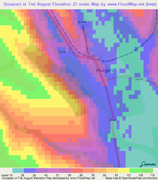 Douazeci si Trei August,Romania Elevation Map