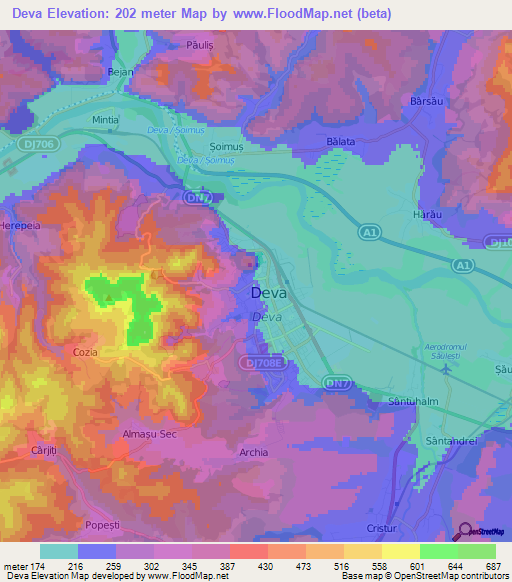 Deva,Romania Elevation Map