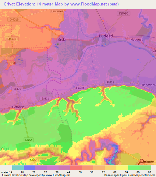 Crivat,Romania Elevation Map