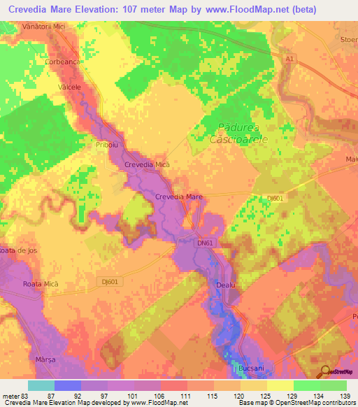 Crevedia Mare,Romania Elevation Map