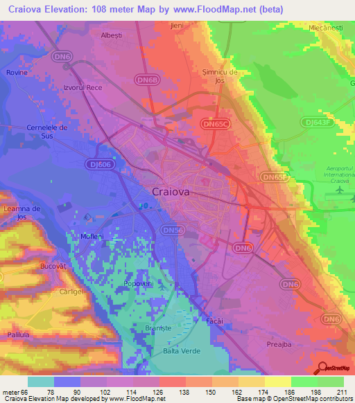 Craiova,Romania Elevation Map