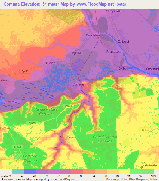 Comana,Romania Elevation Map