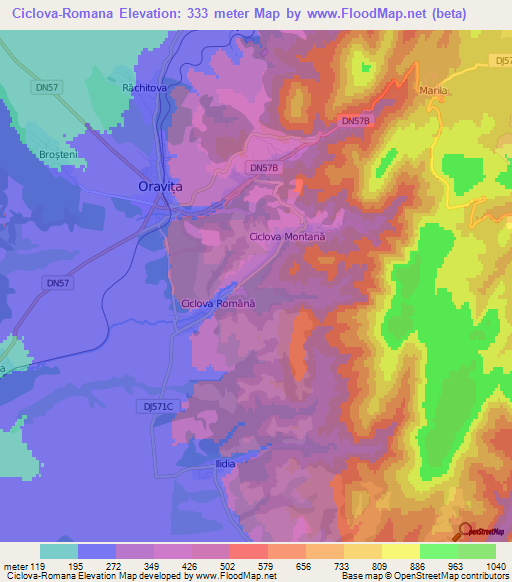 Ciclova-Romana,Romania Elevation Map