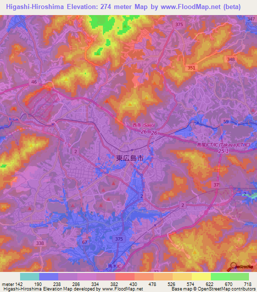 Higashi-Hiroshima,Japan Elevation Map