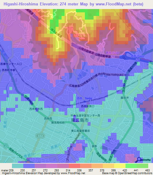 Higashi-Hiroshima,Japan Elevation Map