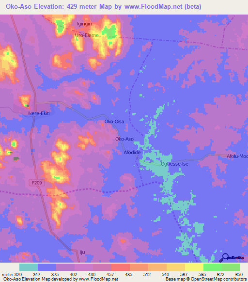 Oko-Aso,Nigeria Elevation Map