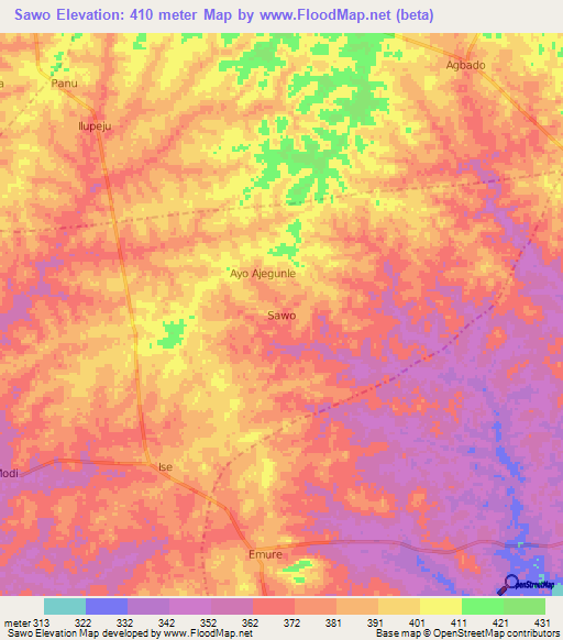 Sawo,Nigeria Elevation Map