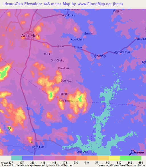 Idemo-Oko,Nigeria Elevation Map