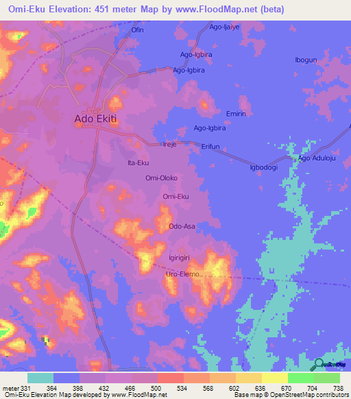 Omi-Eku,Nigeria Elevation Map