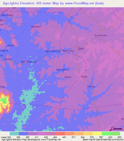 Ago-Igbira,Nigeria Elevation Map