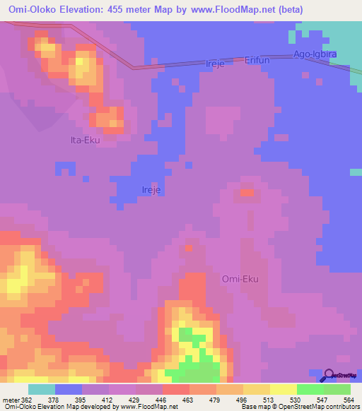 Omi-Oloko,Nigeria Elevation Map