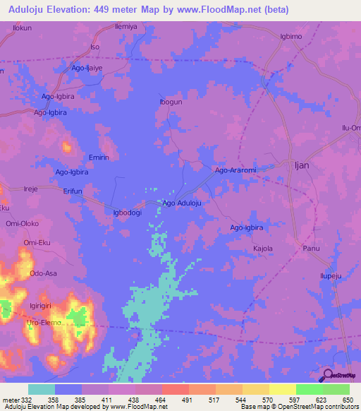 Aduloju,Nigeria Elevation Map