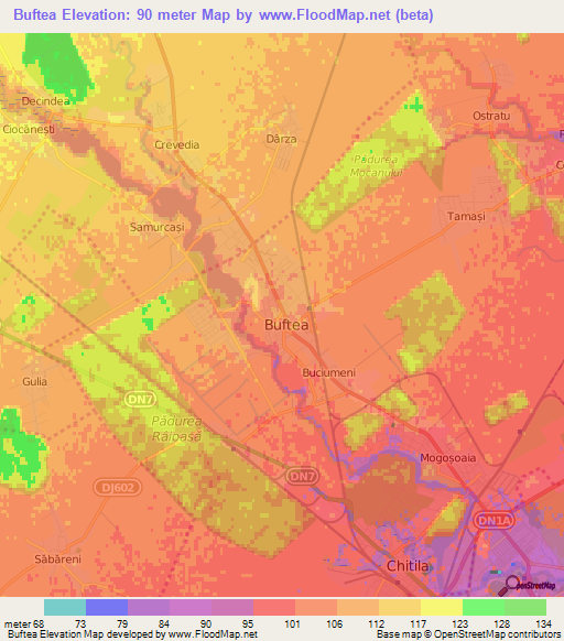 Buftea,Romania Elevation Map