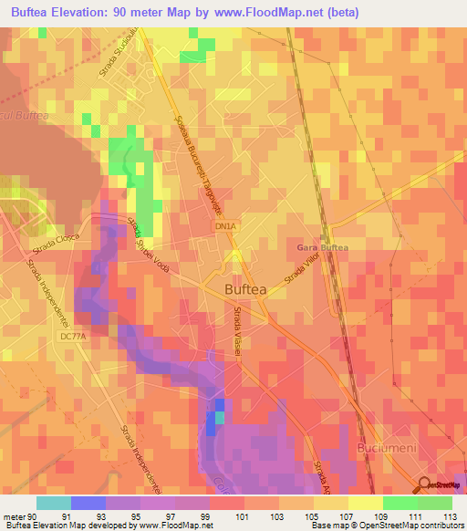 Buftea,Romania Elevation Map