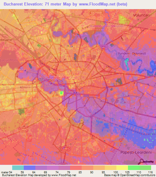 Bucharest,Romania Elevation Map