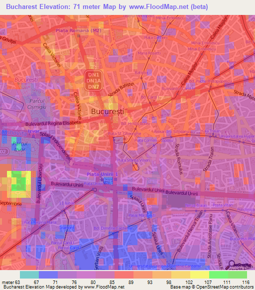 Bucharest,Romania Elevation Map