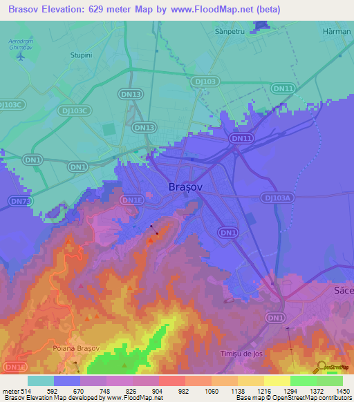 Brasov,Romania Elevation Map