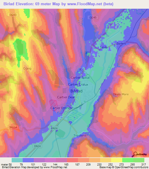 Birlad,Romania Elevation Map