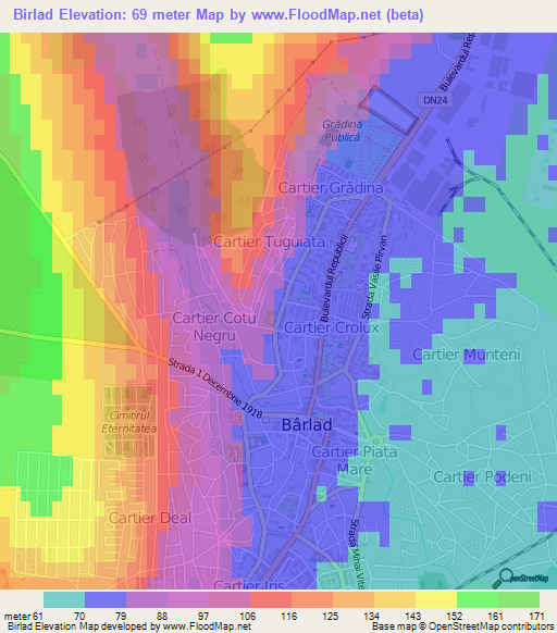 Birlad,Romania Elevation Map